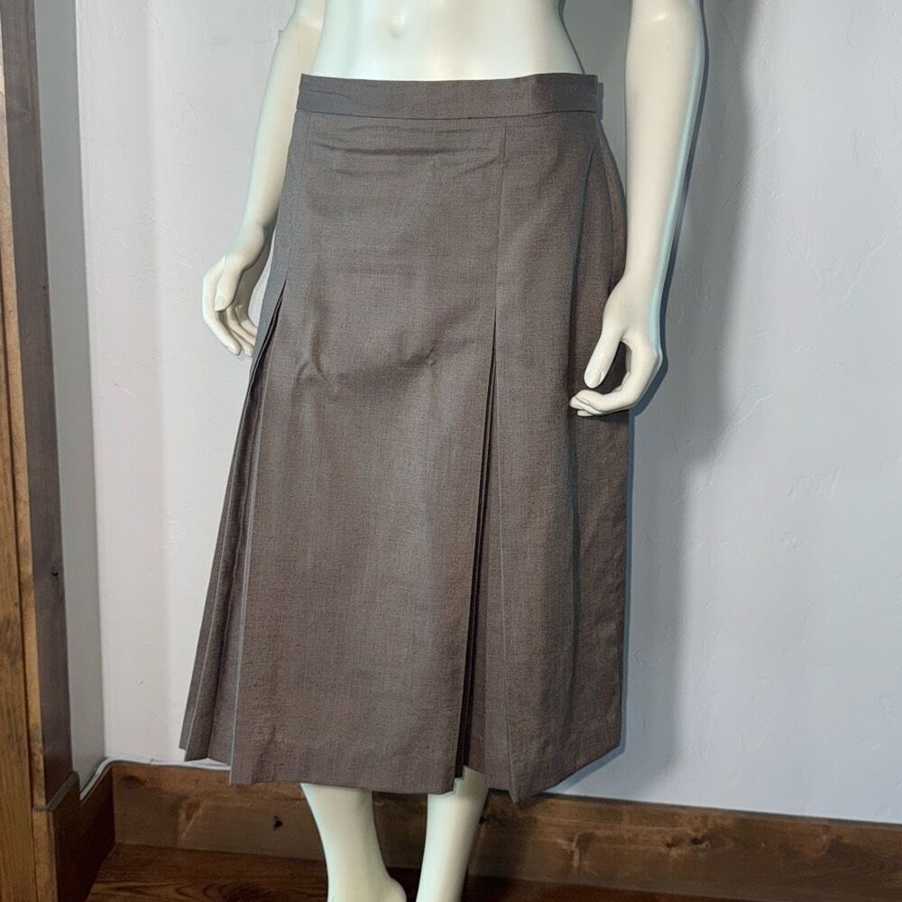 Vintage Brown‎ Beige Linen Blend Pleated Midi Skirt Size 16